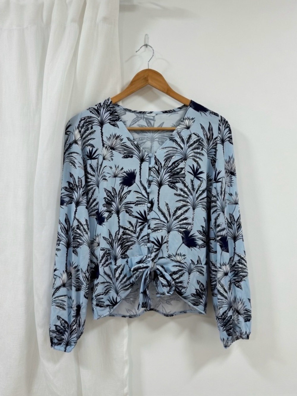 VENUS Light Blue Botanical Tie-Front Blouse